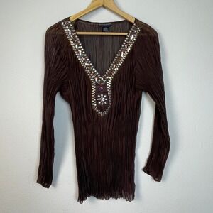 Spenser Jeremy‎ Brown Goblincore Y2K Crushed Pleated Sheer Embellished Top XL